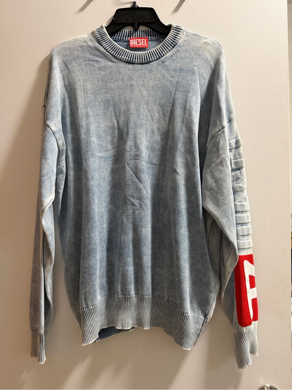 Diesel Womens Light Blue Crewneck Sweater with Red Sleeve Accent